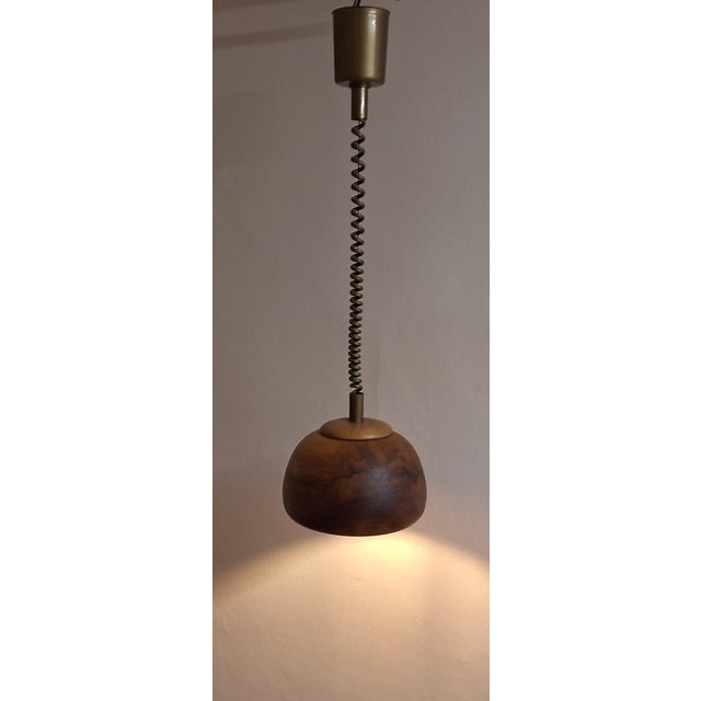 Vintage Height-Adjustable Ceiling Lamp with Teak Shade on a Plastic Mount, 1970s For Sale - Image 3 of 7