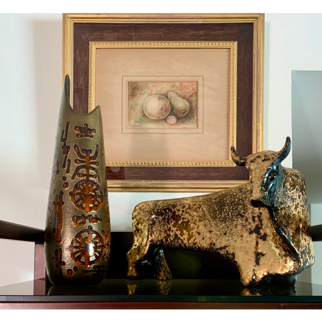 Viintage Sascha Brastoff Ceramic Vase with Calligraphy Bronze glass background with high-gloss orange hand-painted...