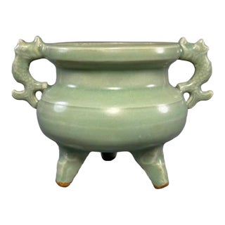 Vintage Chinese Longquan Celadon Porcelain Incense Burner | One of a Kind, Dragon‑Shaped Handles For Sale