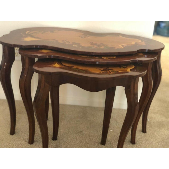 2010s Art Deco Marquetry Inlay Nesting Tables - Set of 3. For Sale - Image 5 of 6