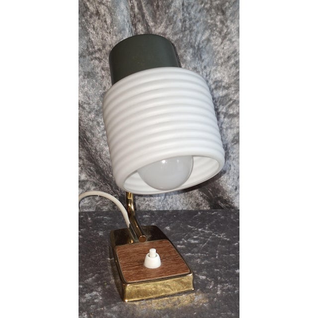 Mid-Century Brass and Teak Wood Table Lamp with White Glass Shade, Germany, 1960s For Sale - Image 4 of 7