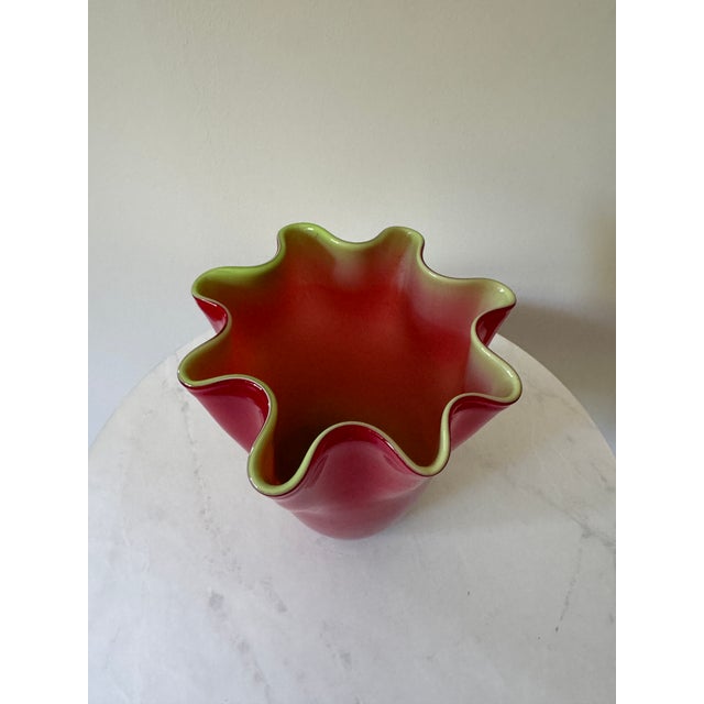 1950s Vintage Red and Green Cased Glass Fazzoletto Handkerchief Vase, Murano Style, C. 1960s For Sale - Image 5 of 6