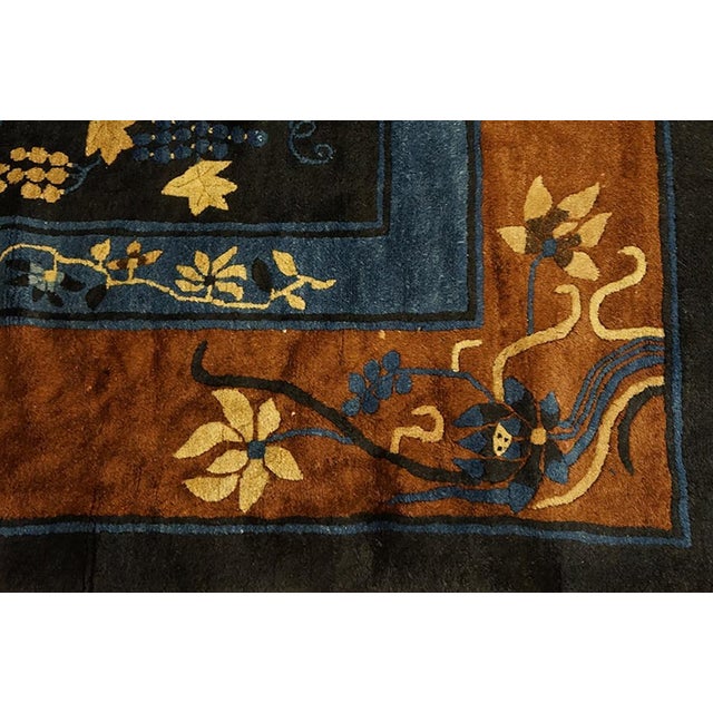 Art Deco 1930s Blue Navy Floral Medallion Antique Chinese Peking Rug 8' 2" X 9' 8" Handknotted Wool Carpet For Sale - Image 3 of 6
