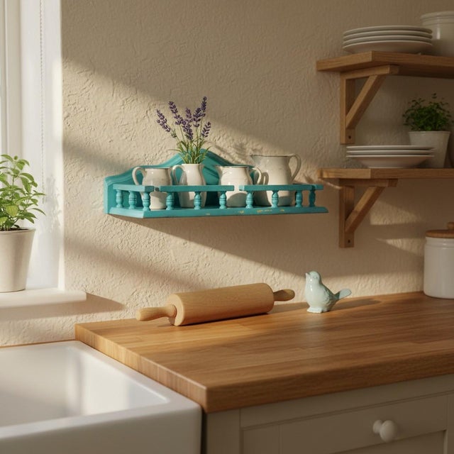 Vintage Teal Wood Wall Shelf-Cottage-Farmhouse Display-Bathroom-Kitchen-Coastal For Sale - Image 10 of 11