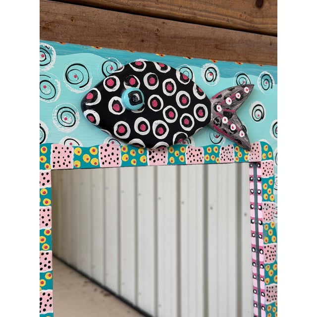 Folk Art 1990s Whimsical Hand-Painted Coastal Folk Art Fish Wall Mirror For Sale - Image 3 of 10