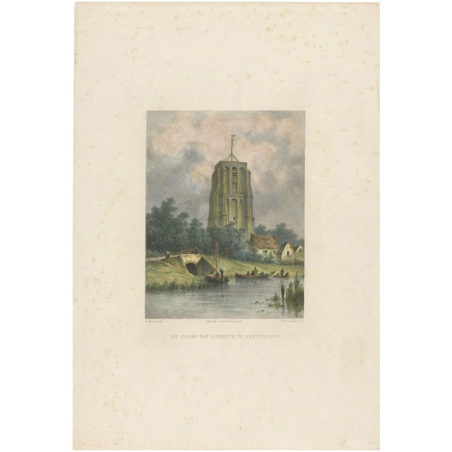 The Leaning Tower of Leeuwarden Hilverdink's Oldehove Lithograph, 1858, Print For Sale