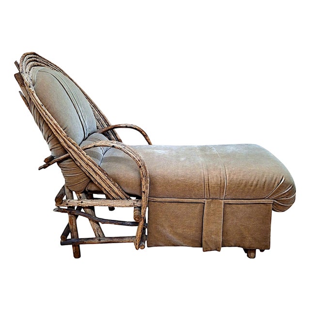 Vintage Adirondack Bent Willow Upholstered Chaise Lounge For Sale