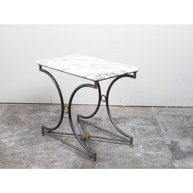 Mid-Century Modern French Midcentury Steel and Bronze Console Table with White Veined Marble Top For Sale - Image 3 of 12