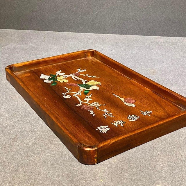 Chinese Vintage Chinese Rosewood Tea Tray With Mother of Pearl Bird & Flower Inlay For Sale - Image 3 of 9