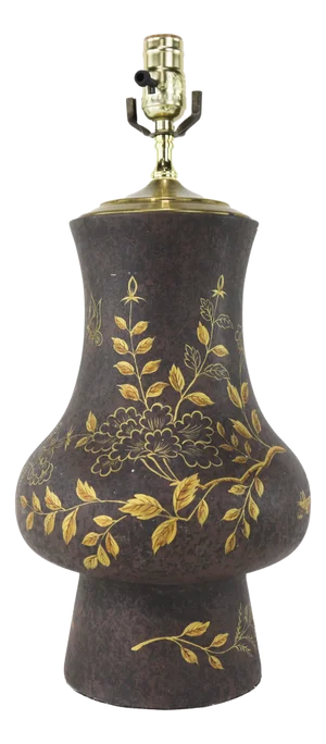Vintage Wooden Vase Table Lamp With Golden Handpainted Leaves and Flowers