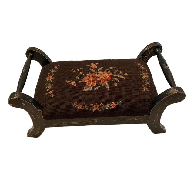Vintage French Country Two Handle Floral Needlepoint Cricket Foot Stool. This wonderful old footstool has a shabby chic...