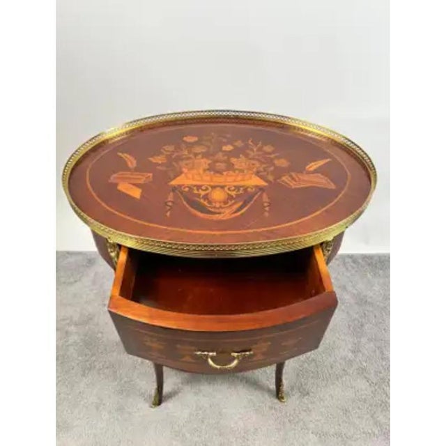 French Baroque Revival Style Oval Marquetry Side or End Table With Ormolu Accent For Sale - Image 16 of 16