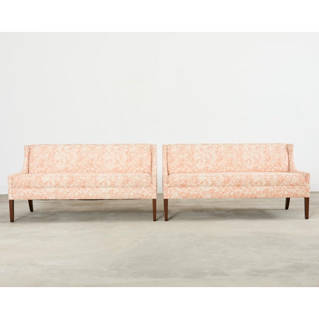 Modern Pair of Slope Arm Sofas Fortuny Style Apricot Fabric For Sale - Image 3 of 12
