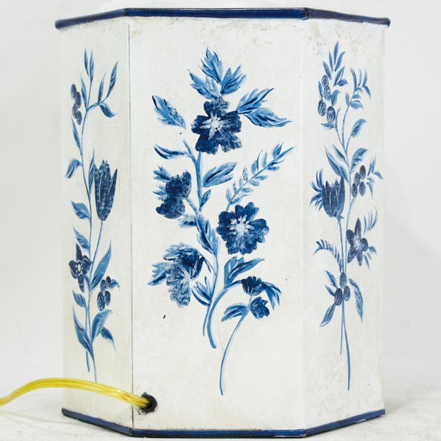 Metal Pair of Vintage Blue and White Hand-Painted Hexagon Tole Tea Caddy Table Lamps For Sale - Image 7 of 11