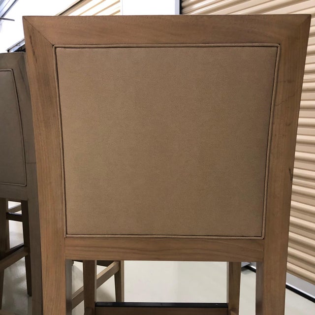 Tan Modern Walnut Frame Bar Stools - Set of 4 For Sale - Image 8 of 12