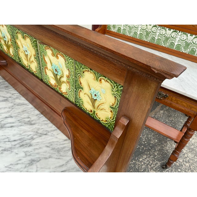 Art Nouveau Antique Vanity Cabinet With Marble Top and Decorative Tiles For Sale - Image 3 of 7