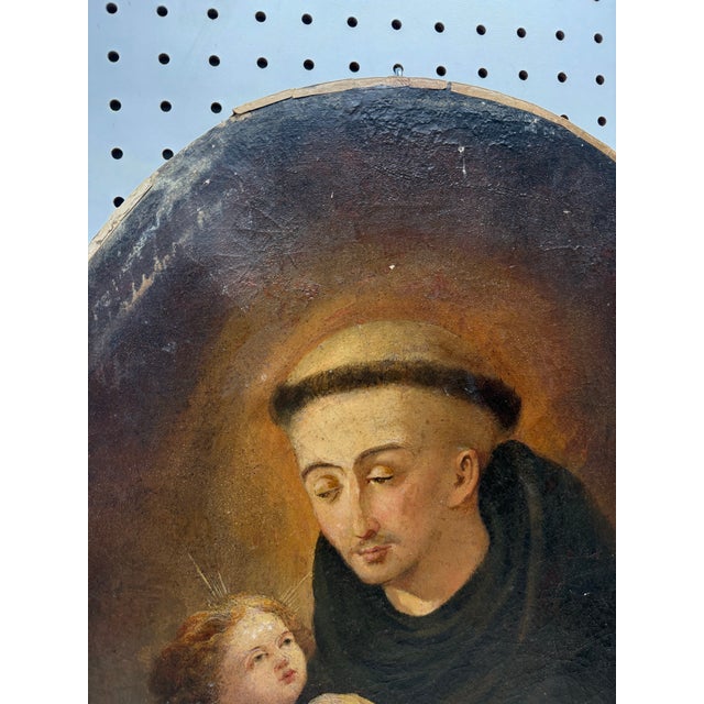 Antique late 19th c original painting of Saint Anthony of Padua (Saint of Lost Things) holding infant Jesus with olive...
