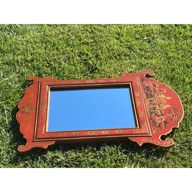 Antique Style Petite Scale Red Chinoiserie Wall Mirror / English Georgian Red Jappaned Style Mirror For Sale - Image 13 of 15