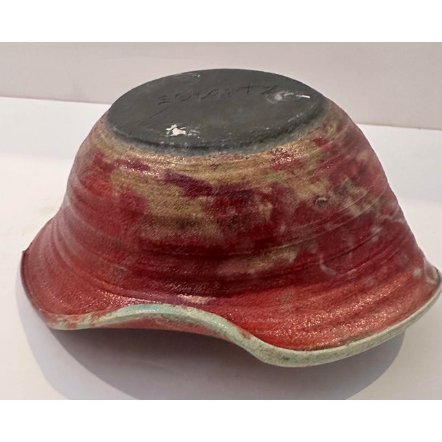 Signed Raku Ceramic Flower Arrangement Bowl With Frog-Style Center For Sale - Image 9 of 11