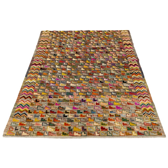 Brown Contemporary Hand-Knotted Baluch Style Rug Vibrant L-Shaped Motif Geometric Wool For Sale - Image 8 of 11