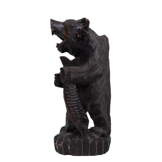 Vintage Japanese Wood Carving of Ainu Bear Holding Fish, Japan, 1950 For Sale - Image 11 of 11