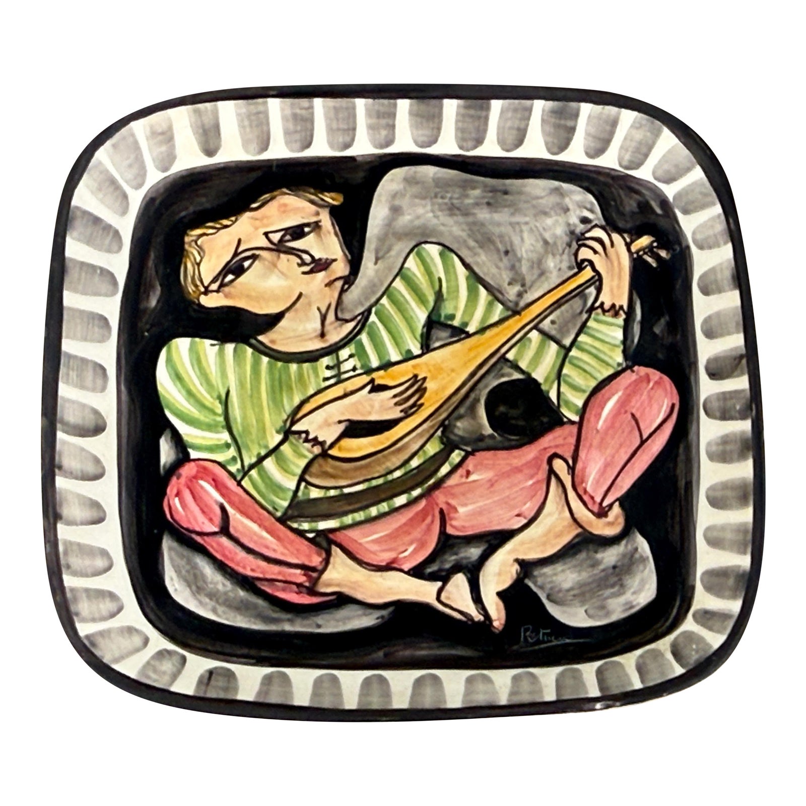 Vintage Italian Mid Century Giovanni Petucco Italian Ceramic Wall Plaque With Troubadour Figure