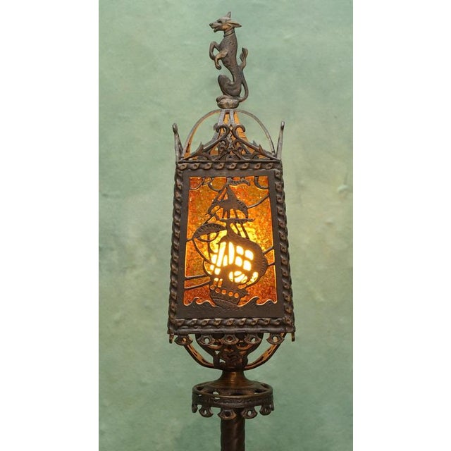 1920s American Gothic Revival Bronze and Amber Glass Ship Lantern Floor Lamps, 1920, Set of 2 For Sale - Image 5 of 18