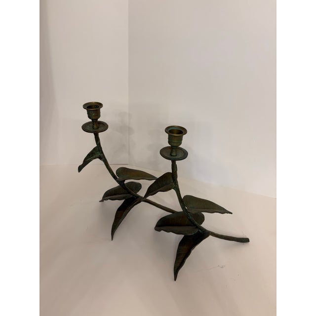 1960's Four Leaf Bronze W/Patina Candleholders - A Pair For Sale - Image 4 of 6