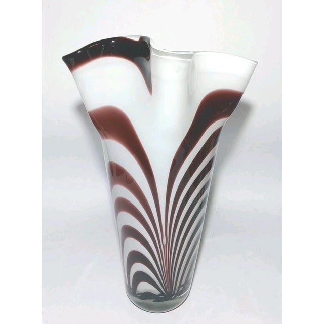Mid-Century Modern MCM Murano Fazzoletto White Brown Swirl Art Glass Vase For Sale - Image 3 of 5