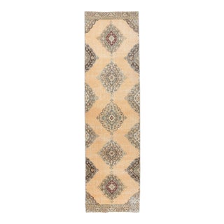 3'4x12'7 Orange Vintage Geometric Turkish Hand-Knotted Runner Rug For Sale