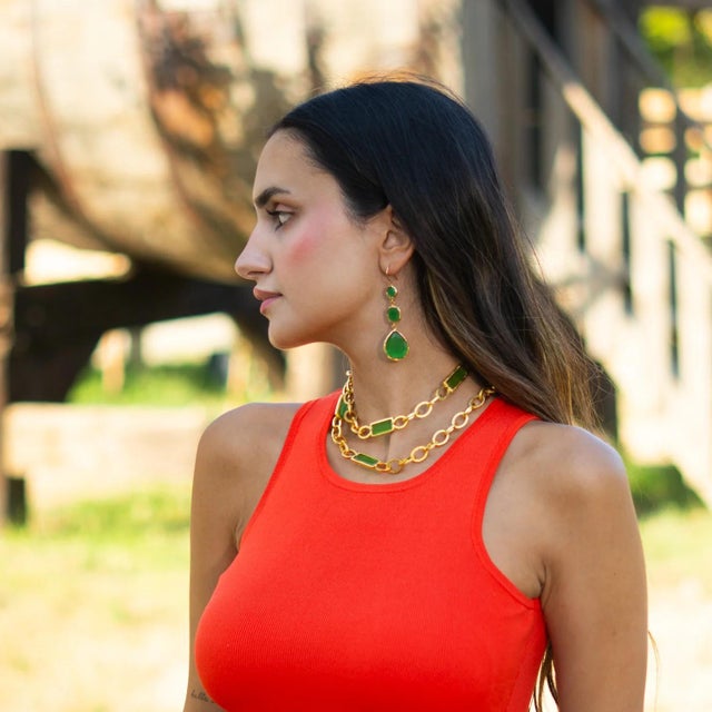 Mystic Green Cat Eye Gold Dangle Earrings, A Pair For Sale - Image 4 of 8