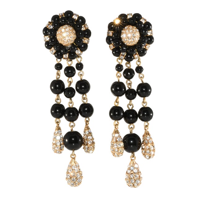 Francoise Montague Black Beads Rhinestone Dangle Earrings - 2 Pieces For Sale