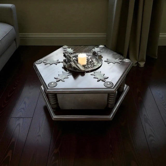Wood Moroccan Moorish Hexagonal Brazier Coffee Table With Brass Inlay & Tool Set For Sale - Image 7 of 10