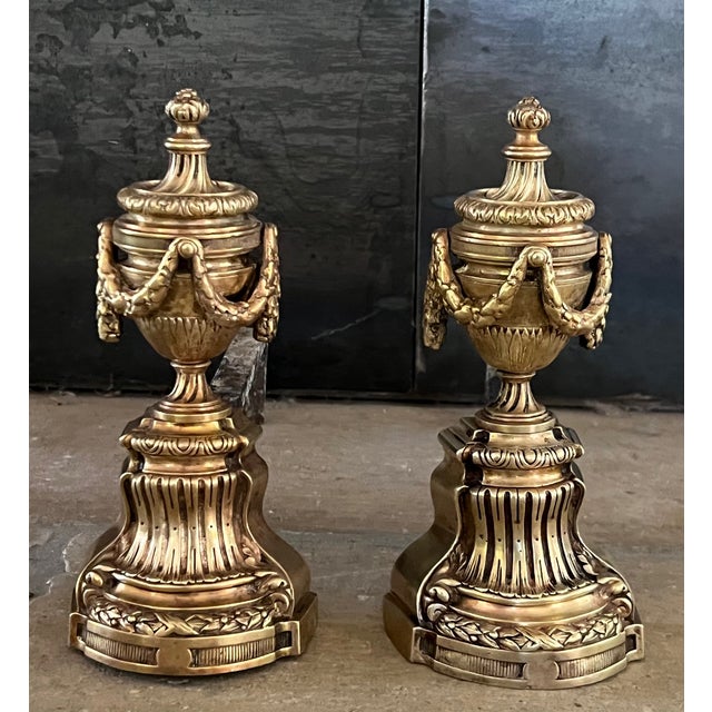 Brass 19th Century Louis XVI Style Bronze Fireplace Andirons-Set of 2 For Sale - Image 8 of 9