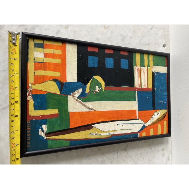 1950s Mid Century Modern Oliver Green Oil Painting on Board in Black Met Frame For Sale - Image 5 of 6