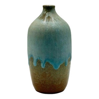 Vintage Artist Signed Studio Pottery Bud Vase, Blue Drip Glaze Ceramic Vase For Sale