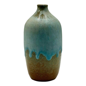 Vintage Artist Signed Studio Pottery Bud Vase, Blue Drip Glaze Ceramic Vase