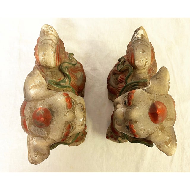Gray Vintage Chinese Pottery Foo Dogs With an Unglazed Polychrome Finish- a Pair For Sale - Image 8 of 13