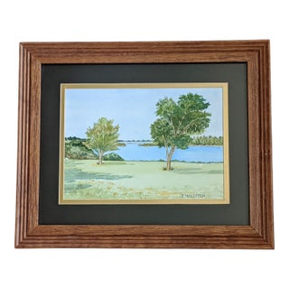 Vintage Original Lake Landscape Watercolor Painting Signed For Sale