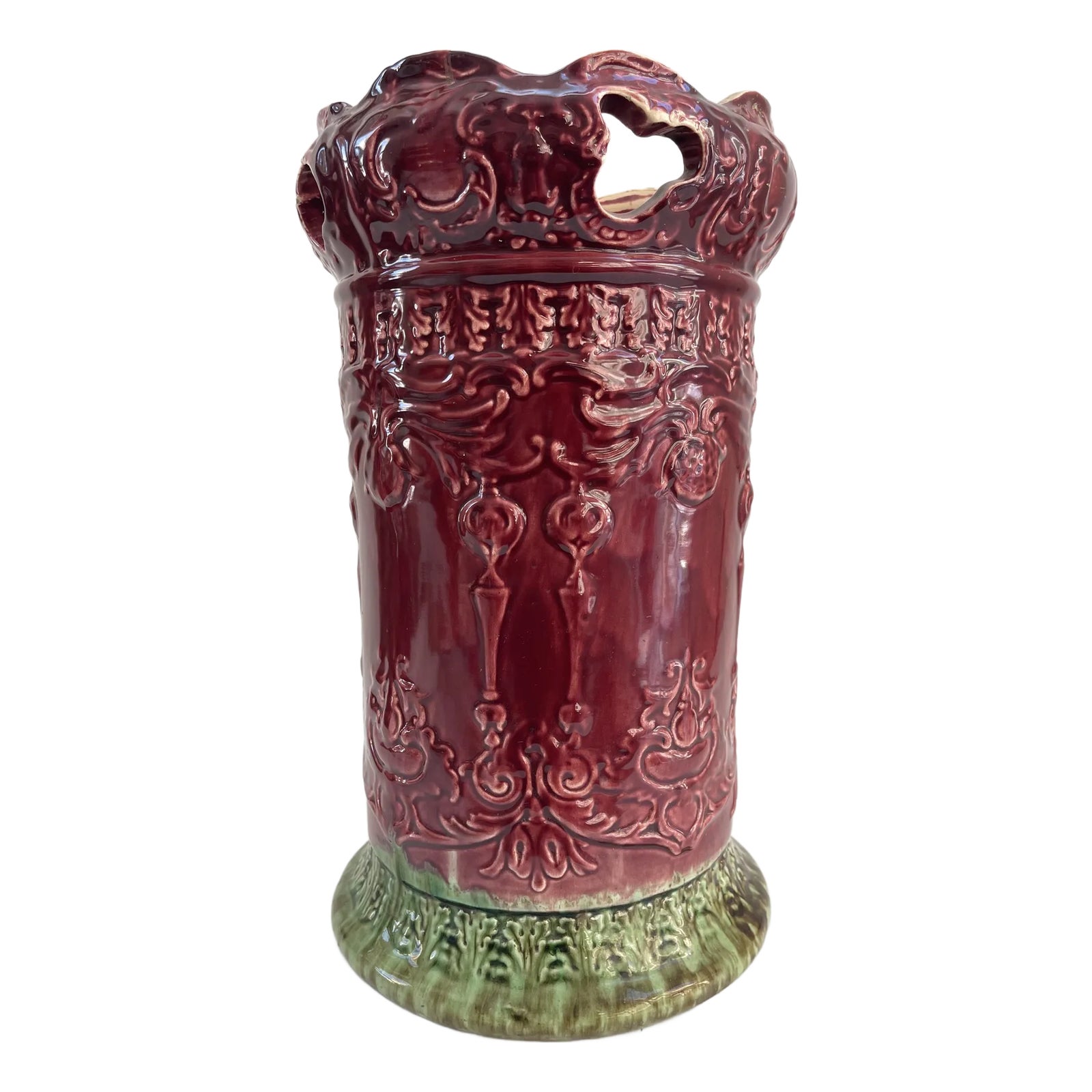 希少 French Art Stand × Ceramic Antique French Art Nouveau Glazed Pottery Majolica Umbrella