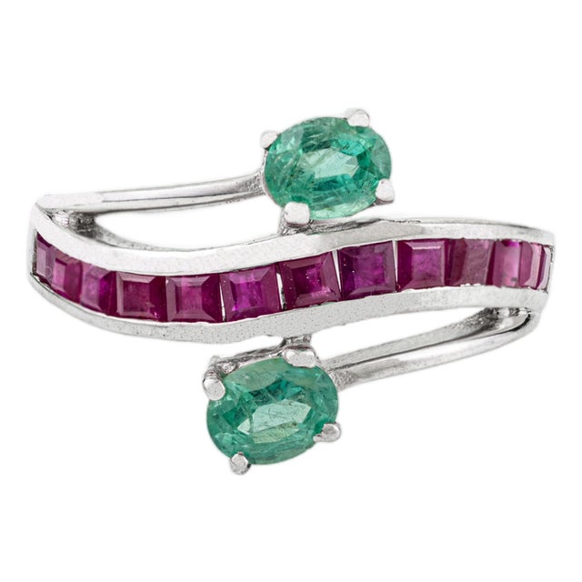 Natural 2X2mm Ruby & May Birthstone 925 Silver Bypass Wedding Band Ring - Size 7 For Sale