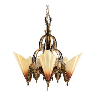 1930s Mid-West Mfg. Soleure Series Art Deco 5-Light Slip Shade Chandelier in Cast Bronze For Sale