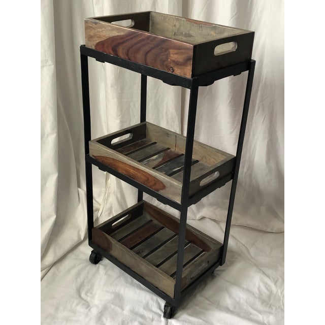 Industrial 1970s Heavy-Duty Industrial Grade 3-Tier Rolling Cart in Exceptionally Rare True Argentine Greenheart Wood & Heavy Iron Base For Sale - Image 3 of 12