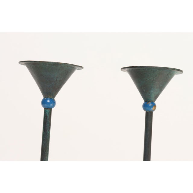Verdigris Pair of Milano Series Verdigris Bronze Candle Holders by Christian De Beaumont For Sale - Image 8 of 18