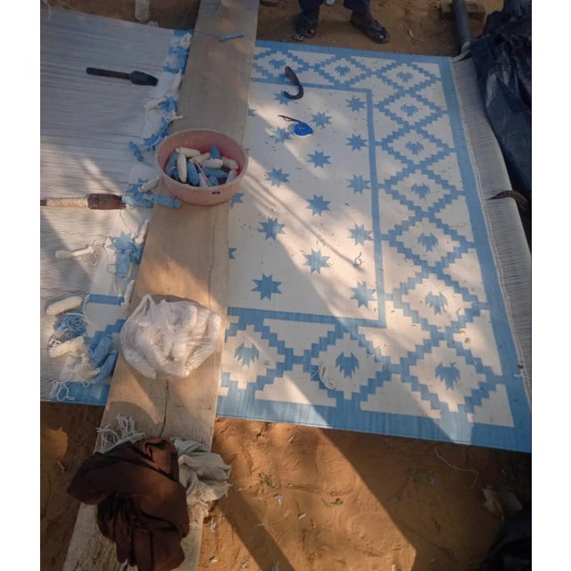 Handmade Cotton Vegetable Dyed Sky Blue and White Star Patterned Diamond Rug - 8'x10' For Sale - Image 11 of 11