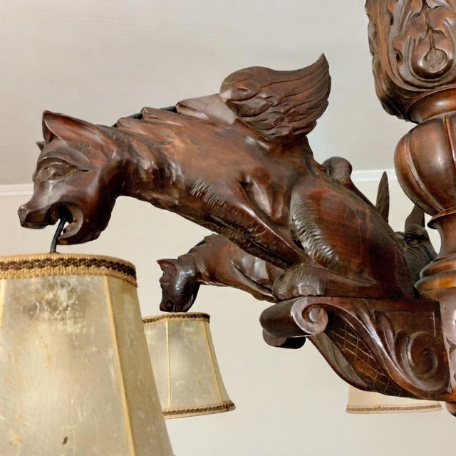 Antique Black Forest Gothic Revival Carved Wood Chandelier with Gargoyles and Mascarons, 1940s For Sale - Image 4 of 17
