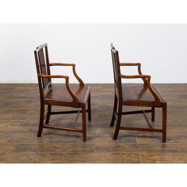 Pair of English Early 19th Century Plank Seat Chairs with Scrolling Arms For Sale In Atlanta - Image 6 of 12