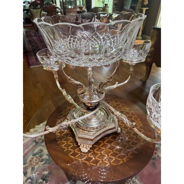Mid 20th Century Antique Silver-Plated and Cut-Crystal Epergne Center Piece For Sale - Image 13 of 14