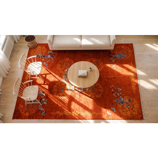 1920s Ruby Red Vase Medallion Antique Chinese Art Deco Carpet 9' X 12' Knotted Wool Rug For Sale - Image 14 of 14