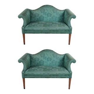 1960s Drexel Heritage Federal Style Mahogany Camelback Green Floral Loveseats Settees- a Pair For Sale